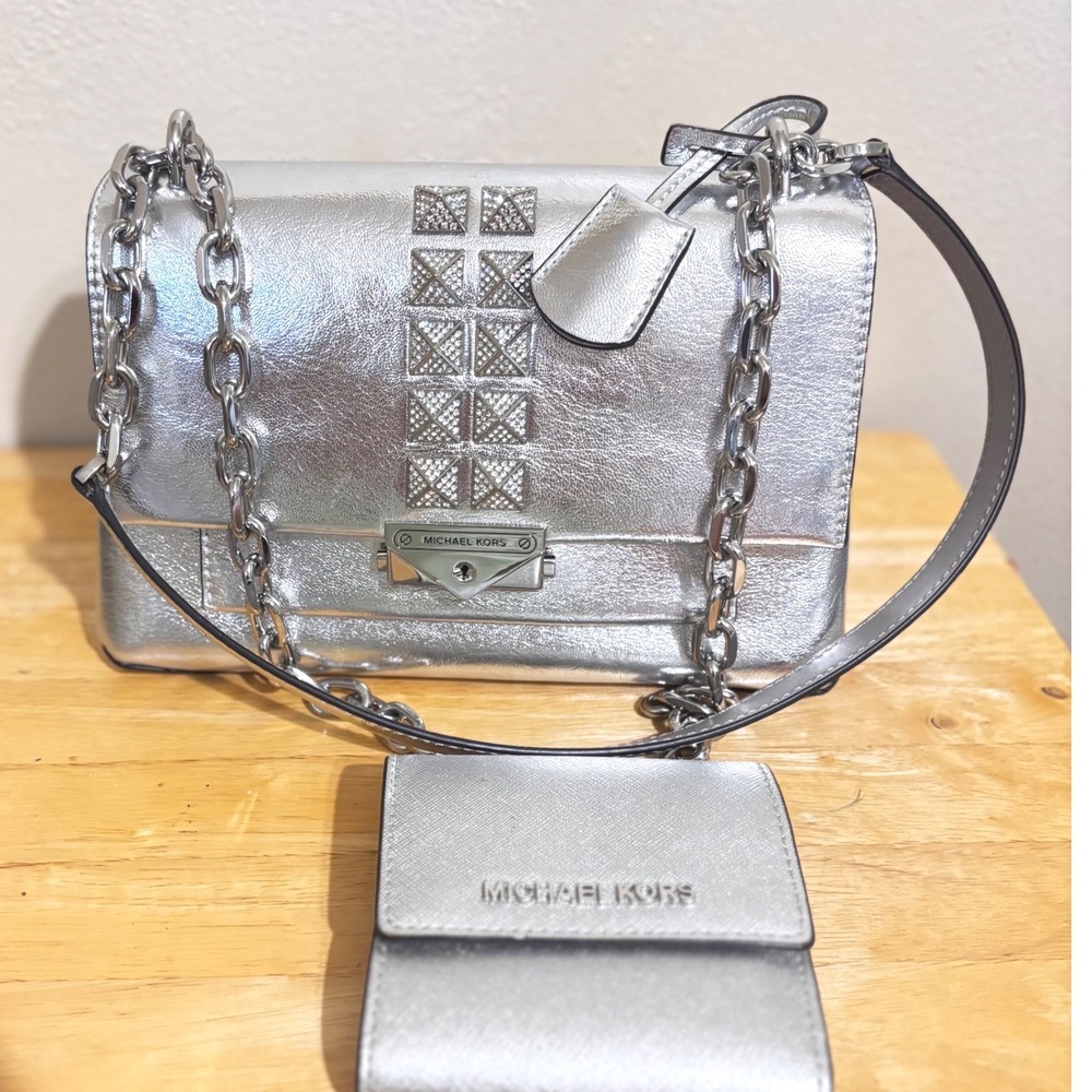 Michael Kors Cece Shoulder Bag Wallet Set Women Medium Silver NWT Studded Vegan